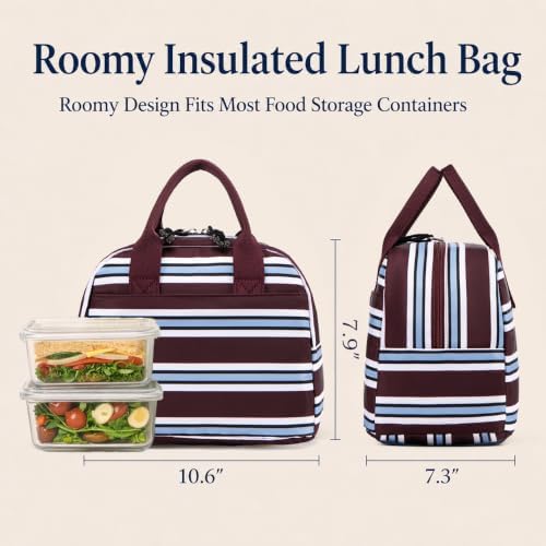 LOVELYWIND Lunch Box for Women, Insulated Lunch Bag, Burgundy Stripe Tote