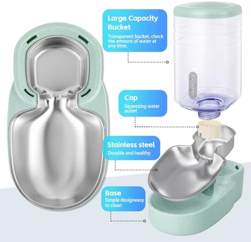 Automatic Cat Feeder and Water Dispenser with Stainless Steel Bowl Gravity Food Feeder and Waterer Set for Small Medium Dog Puppy Kitten 1 Gallon x 2(Green)