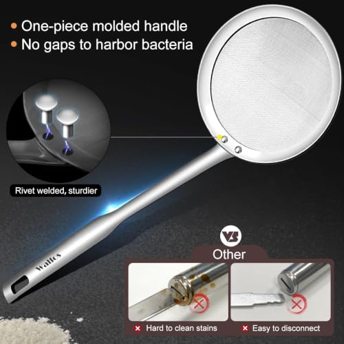 Walfos Fat Skimmer Spoon, Stainless Steel Fat skimmer For Cooking, 3", 4" & 5 inch fine mesh skimmer, Food Strainer Fit For Separation Of The Floating Foam, Fat, Grease, Set of 3