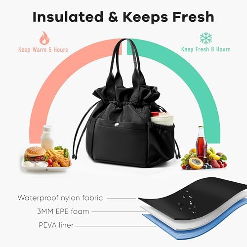 Yarnic Lunch Bag Women Insulated Lunch Box with Water Bottle Holder (Black)