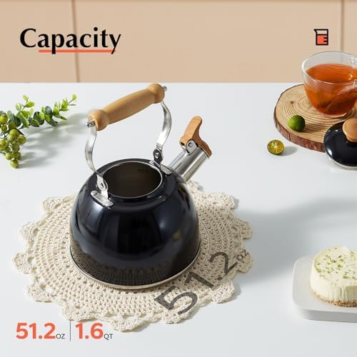 ROCKURWOK Whistling Tea Kettle for Stove Top, 1.6 Qt Small Tea Pot, Black