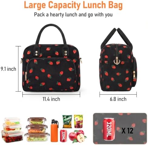 Lunch Bag Large Insulated Lunch Box for Women Adult Cute Pink Strawberry Lunchbox Corduroy Lunch Bags Boxes Pail with Shoulder Strap for Work (Black strawberry)