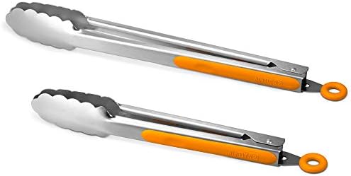 Premium 304 Stainless Steel Tongs Set – 12" Grill Tongs & 9" Cooking Tongs, Heat Resistant up to 600°F, Wavy Grip Head, Non‑Slip Handle with Locking Clip & Hanging Loop, Dishwasher Safe, Orange