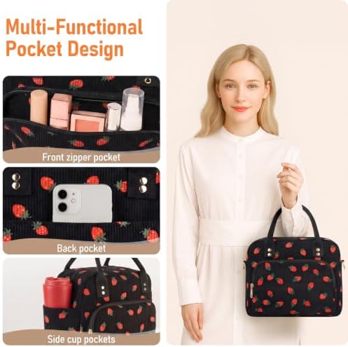 Lunch Bag Large Insulated Lunch Box for Women Adult Cute Pink Strawberry Lunchbox Corduroy Lunch Bags Boxes Pail with Shoulder Strap for Work (Black strawberry)