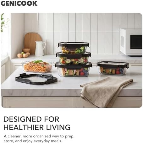 GENICOOK Glass Meal Prep Containers with Glass Lids, 4 Pack Airtight Glass Food Storage Containers, Borosilicate Glass Lunch Containers for Healthy Meal Prep, Microwave Oven Dishwasher Safe, BPA Free