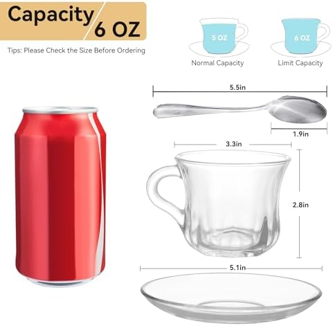 Glass Tea Cups and Saucers Set of 6, Clear Coffee Mugs with Stainless Steel Spoon, Dishwasher & Microwave Safe Teacups for Espresso Cappuccino Latte Tea Juice, 6OZ/180ML