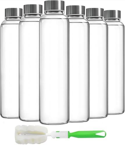 Epica Clear Glass Bottles with Lids, 17.5 oz Water Bottles, 6-Pack