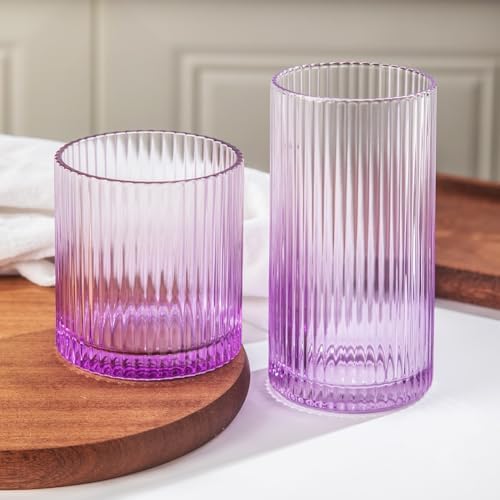 Ribbed Drinking Glasses 8pcs, 12oz and 10oz Glassware, Tumbler Glasses Cup Set for Wedding, Party, Christmas Gift, Purple