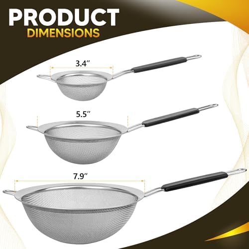 Set of 3 Fine Mesh Strainers for Kitchen | 3.4 inch, 5.5 inch and 7.9 inch Stainless Steel Strainer