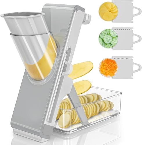 Eletronova Safe Mandoline Slicer for Kitchen, Vegetable Slicer with Container, French Fry Cutter, All in 1 Julienne Slicer for Potato, Thickness Adjustable, Detachable Blade (Gray)