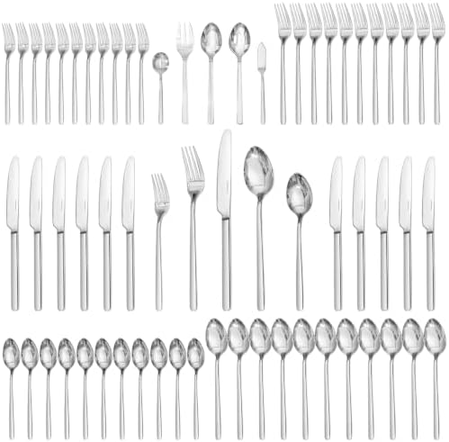 KINGSTONE 65 Piece Silverware Set with Serving utensils, Flatware Set for 12, 18/10 Stainless Steel Cutlery Set Mirror Polished Modern Design Dishwasher Safe