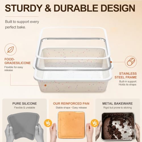 Vinino 8 x 8 Inch Silicone Brownie Pan, 2 Pack Square Mold with Steel Frame