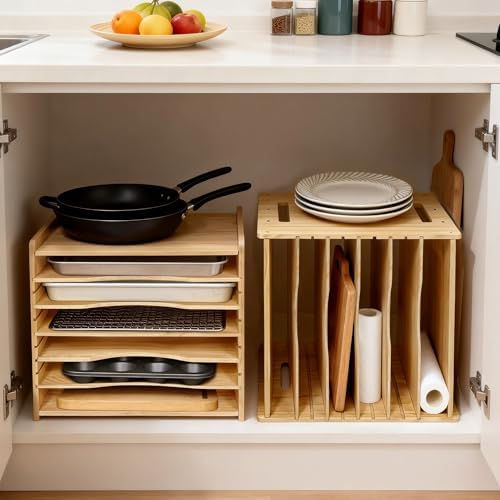 6 Tier Wooden Tray Dividers for Cabinets, Cookie Sheet Organizer 15.7" W x 16.5" H x 12.6" D Baking Sheets, Pans and Cutting Boards Organizer for Kitchen Cabinets or Countertop