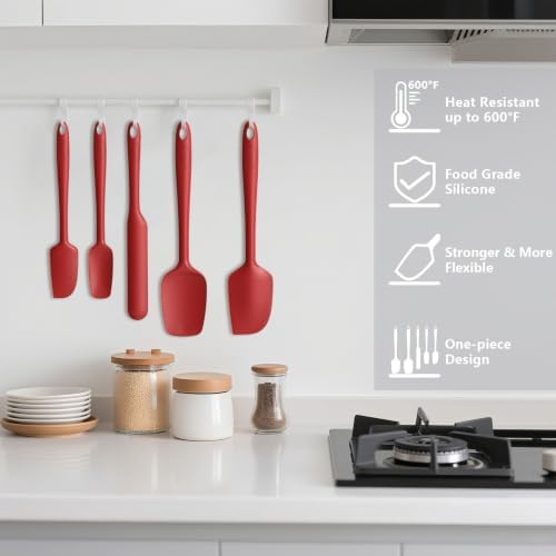 Coukre Silicone Spatula Set of 5,High Temperature Resistant, Food Grade Silicone, Dishwasher Safe, for Baking, Cooking (Pure Red)