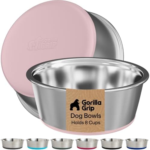 GORILLA GRIP Dog Bowls, Food Grade Stainless Steel, Set of 2, 8 Cup, Pink