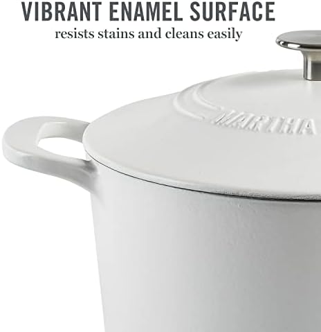 MARTHA STEWART Gatwick 7-Quart Enamel Cast Iron Dutch Oven Pot with Lid – Matte White – Durable Heavy-Duty Dutch Oven for Slow Cooking, Braising & Baking