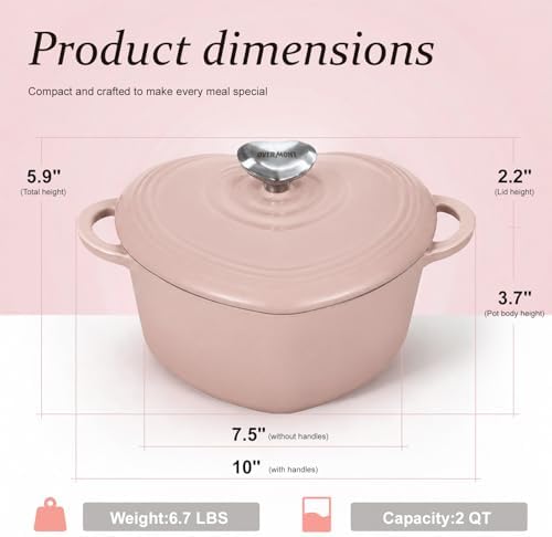 Overmont Enameled Cast Iron Dutch Oven - 2QT Pink Heart-Shaped Mini Pot