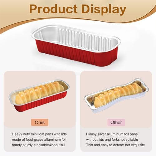 100 Pack Mini Cake Pans with Lids and Spoons, Mini Loaf Baking Pans 6.8oz, Small Disposable Aluminum Foil Loaf Pans, Rectangular Baking Containers for Party and Picnics, Cheesecake Pans (Red)