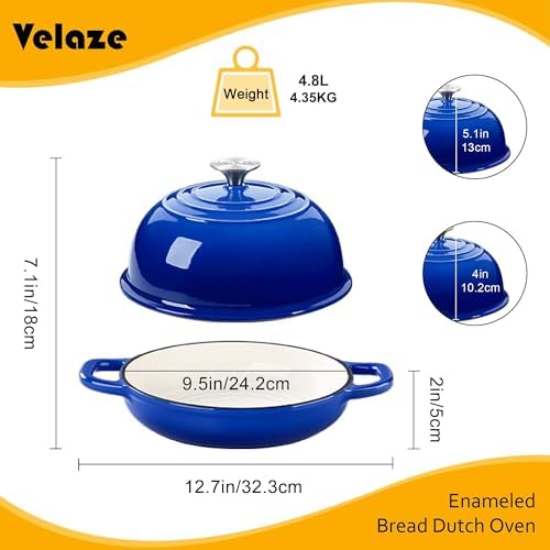 Velaze 5 QT Enameled Cast Iron Dutch Oven for Bread Baking with Dome Lid