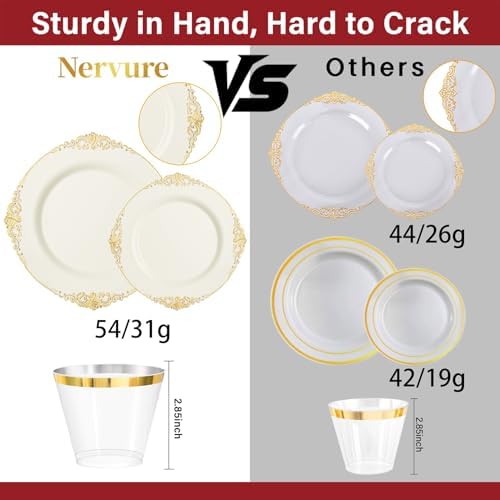 Nervure 350Pcs Ivory Plastic Plates, Plastic Dinnerware Set for 50 Guests