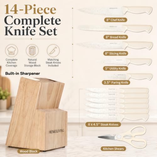 14-Piece Cream Kitchen Knife Block Set with Built-in Sharpener