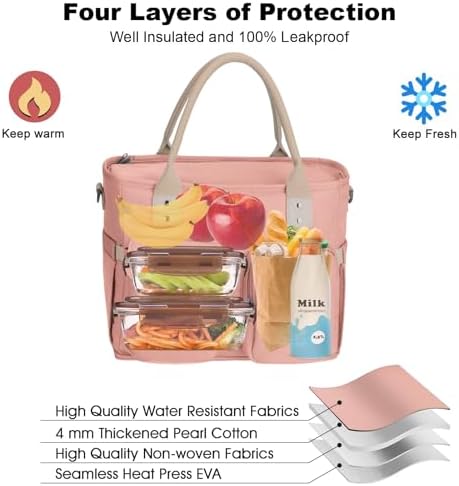 Hafmall Large Lunch Box for Adults, Insulated Lunch Bag, Wide Opening, Pink