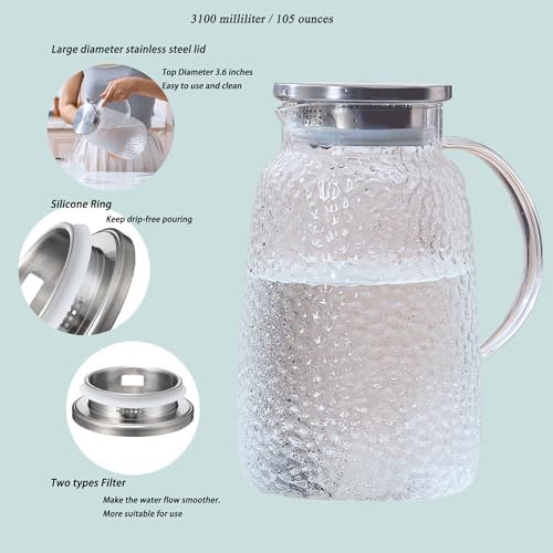 Purefold 105 Oz Borosilicate Glass Pitcher with Lid, Glass Beverages Jug