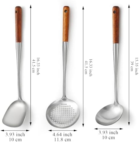 Evanda Wok Spatula Set 17", Heat Resistant Wood Handle Stainless Steel Wok Tools, Ladle, Metal Spatula, Kitchen Skimmer, Professional Kitchen Cooking Utensils Set, Wok Accessories Dishwasher Safe