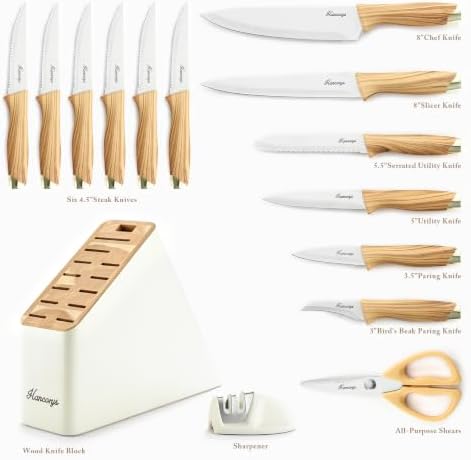 Knife Set, 15 PCS Kitchen Knife Set with Block and Sharpener