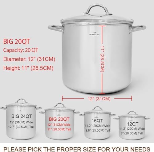 HOMICHEF Commercial Grade LARGE STOCK POT 20 Quart With Lid - Nickel Free Stainless Steel Cookware - Healthy Polished Stockpots - Heavy Duty Induction Soup Pot
