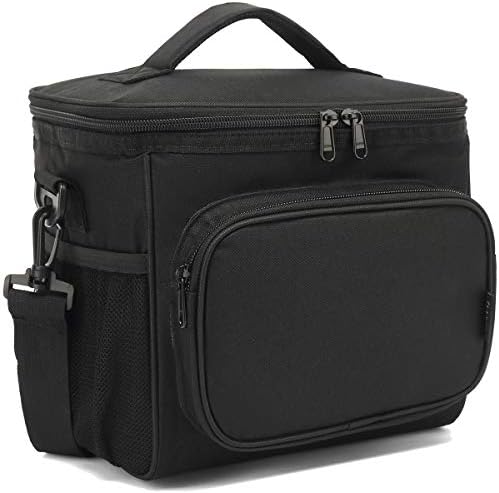 FlowFly Insulated Reusable Lunch Bag Adult Large Lunch Box for Women and Men with Adjustable Shoulder Strap,Front Zipper Pocket and Dual Large Mesh Side Pockets, Black
