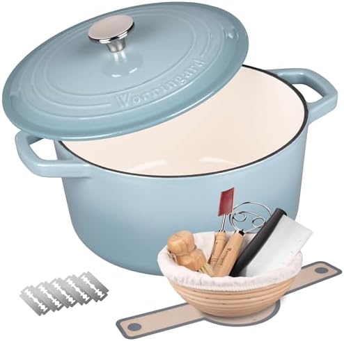 VORRINGARD Enameled Cast Iron Dutch Oven Pot with Lid, for Bread Baking, Round Bread Oven- include Sourdough Bread Baking Supplies Set, 6QT, Sea Salt
