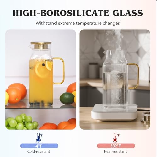 2 Pack 68oz/2 Liter Square Glass Pitchers with Handle and Lid, Stripes