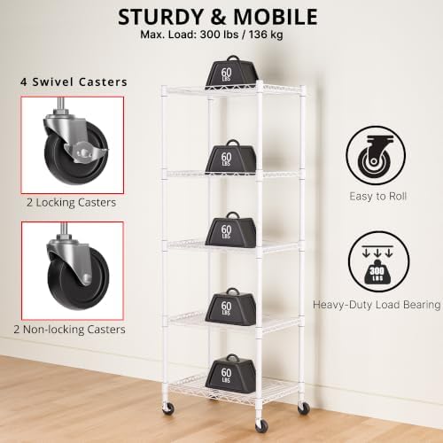 REGILLER 5-Wire Shelving Metal Storage Rack Adjustable Shelves,Standing Storage Shelf Units for Laundry Bathroom Kitchen Pantry Closet(White,11.8" D x 16.6" W x 53.5" H,With Wheels)