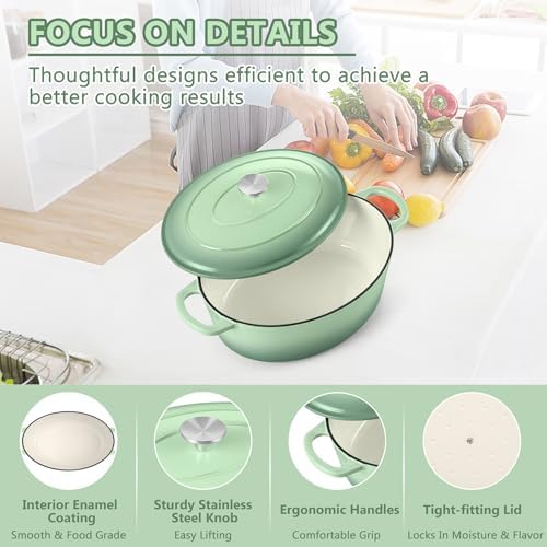 TeamFar 7QT Oval Dutch Oven, Enameled Cast Iron Dutch Oven Pot with Lid