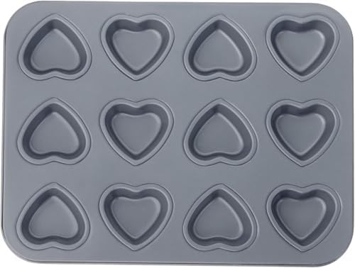 Fox Run Mini Heart Muffin Pan, 12-Cup, Preferred Non-Stick, Gray