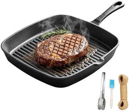 Cast Iron Grill Pan, 9.5" Square Griddle Skillet with Pour Spout, Oven Safe