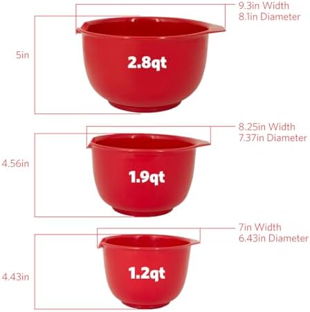 Glad Mixing Bowls with Pour Spout, Set of 3 | Nesting Design Saves Space | Non-Slip, BPA Free, Dishwasher Safe Plastic | Kitchen Cooking and Baking Supplies, Red