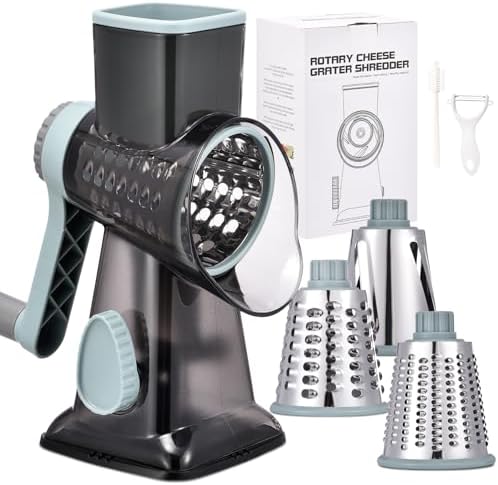 Rotary Cheese Grater with Handle Kitchen Shredder Slicer Grater Slicer Ice Shaver Cheese Vegetable Nuts Potato Zucchini Chocolate 3 Interchangeable Blades (GreyBlue