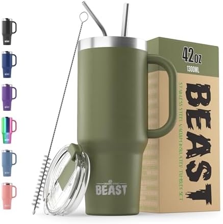 Beast 42 oz Tumbler with Handle Stainless Steel Vacuum Insulated Coffee Ice Cup Double Wall Travel Flask (Army Green)
