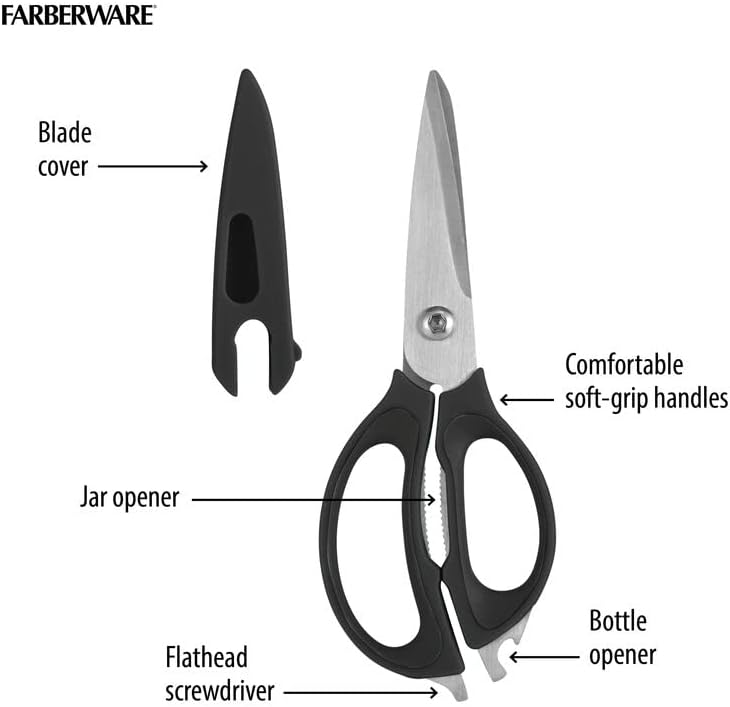 Farberware 4-in-1 Kitchen Scissors, High Carbon Stainless Steel, Black