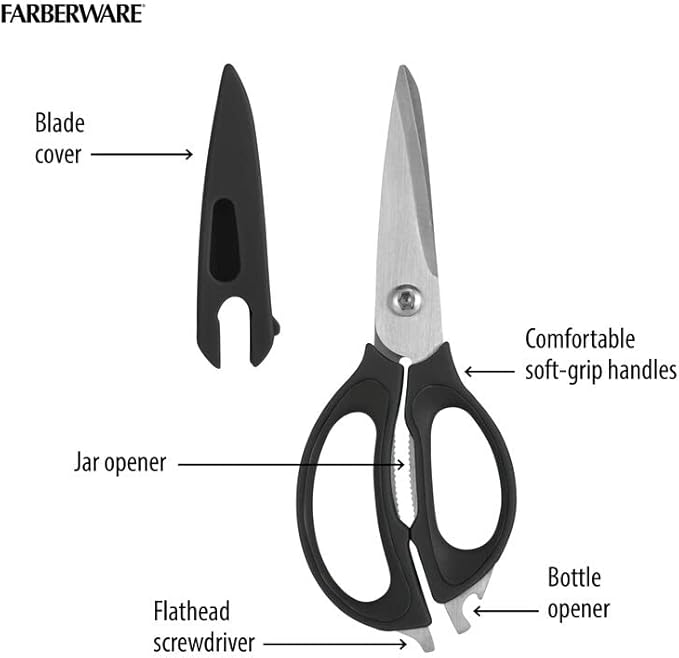 Farberware 4-in-1 Kitchen Scissors with Black Handle, High-Carbon Stainless Steel Shears with Bottle Opener, Jar Opener and Screwdriver, Kitchen Shears for Food Prep