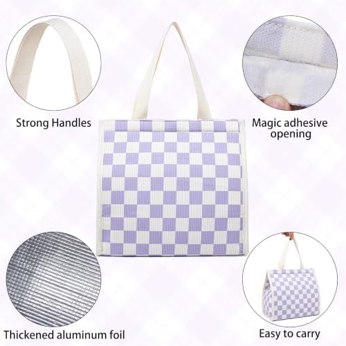 Insulated Lunch Bag for Work, 10.2"x5.9"x10.2" Oxford Waterproof Lunch Tote, Thermal Lunch Box for Office, Picnic & Outdoor, Striped Canvas Tote Bag -Check Purple