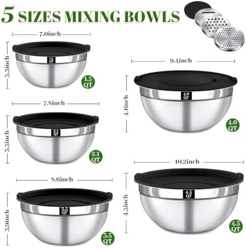 8PCS Mixing Bowls with Lids Set - 5 Nesting Mixing Bowls, 3 Grater Attachments, Lids, Stainless Steel Mixing Bowls for Mixing & Serving, Size 1.5/2.1/3.5/4/4.5 QT, Black
