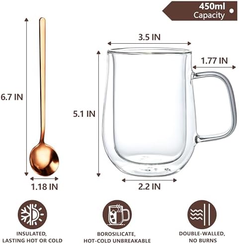 Double Walled Glass Coffee Mugs 16 OZ, Borosilicate Glass Coffee Cups Set of 2 with Spoons, Insulated Clear Coffee Mug for Hot Beverages, Cappuccino, Latte, Tea Bag.