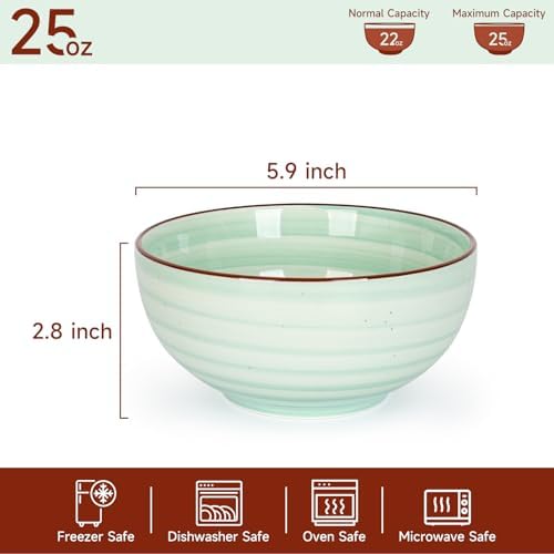 KitchenTour 24 OZ Cereal Bowls Set of 6, Ceramic Soup Bowls for Kitchen, 5.9 Inch Colorful Serving Bowls for Oatmeal, Salad, Pasta, Dessert - Microwave & Dishwasher Safe, Assorted Warm Colors