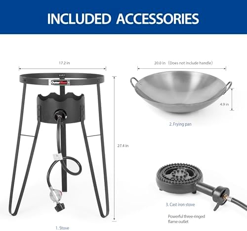 Outdoor Cooker with Iron Wok and Propane Burner, 54,000 BTU High-Pressure Gas Stove for Backyard BBQ, Tailgating & Outdoor Cooking