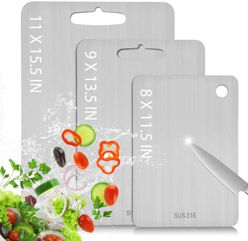 Kant Stainless Steel Cutting Board with Lip, Steel Cutting Boards for Kitchen Non-Toxic Dishwasher Safe Chopping & Kneading Board for Dough Meat/Vegetable/Fruit/Bread/Baking Gift-Ready(3PC-S+L+XL)