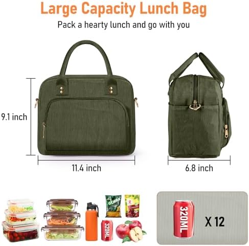 Lunch Bag Large Insulated Lunch Box for Women Men Adult Cute Green Lunchbox Corduroy Lunch Bags Boxes Pail with Adjustable Shoulder Strap for Work Mom Picnic Office Travel 11.4×6.8×9.1 inches 11.5L