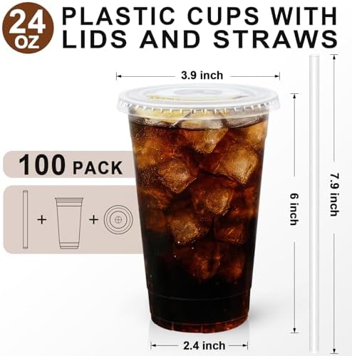 Lamosi 100 Pack 24 oz Plastic Coffee Cups with Lids, Disposable Clear Cups